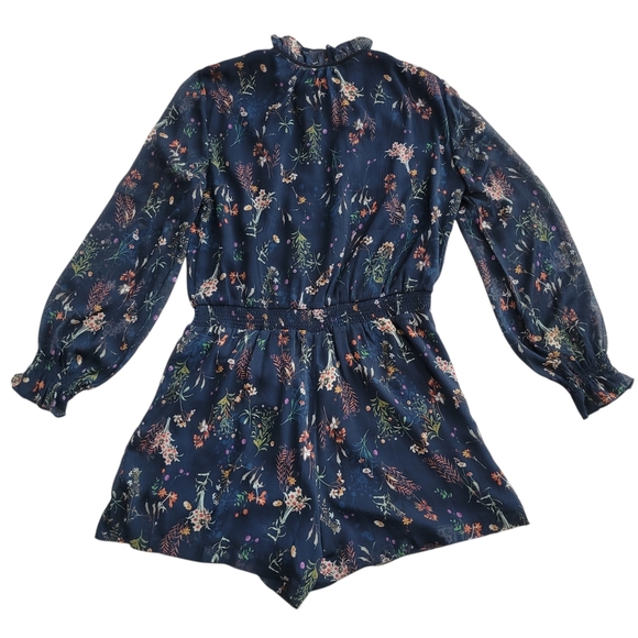 Anthropologie Elevenses Navy Floral Print Romper Long Sleeve Ruffle Neck Size L - Picture 12 of 12